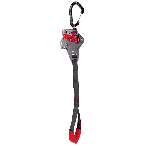 Gemini Knee, un appareil d’assurage avec mousqueton noir, partie métallique rouge et ceinture noire avec extrémité rouge