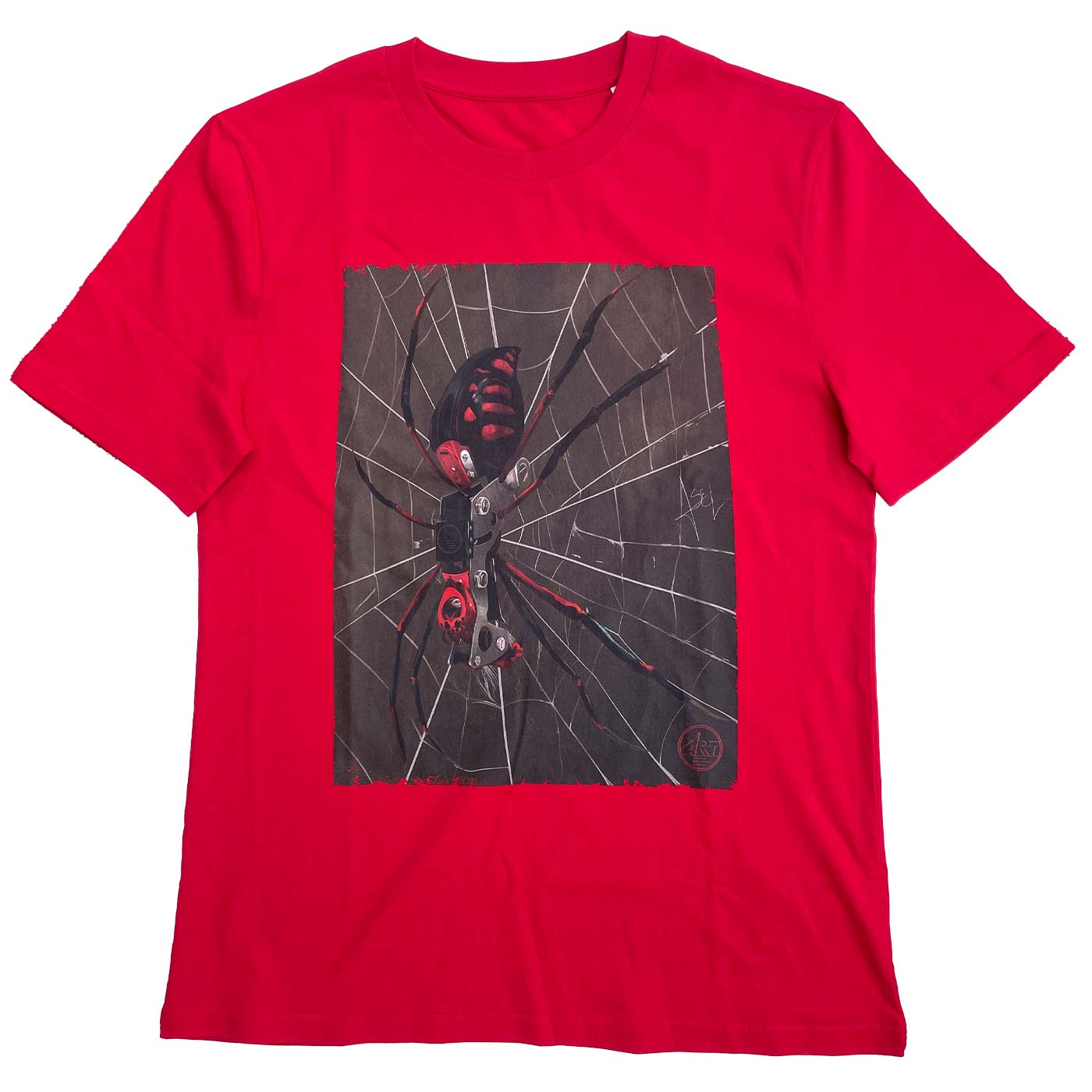 Chemise ART Spider rouge avec un grand imprimé d’une araignée sur une toile d’araignée sur le devant