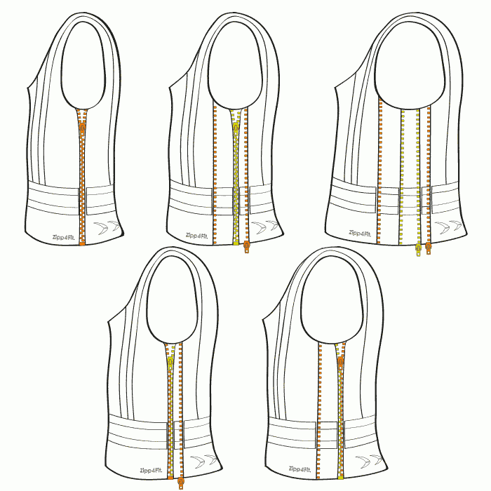 Gilet de sécurité Zipp-4-Fit de Pfanner présenté sous forme de dessin technique en cinq variantes avec différentes couleurs et positions de fermeture éclair, sans couleur, seulement des contours et des détails