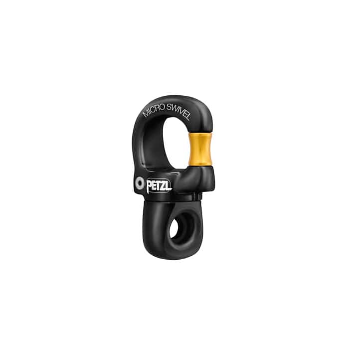 Micro Swivel de Petzl en noir avec émerillon doré et lettrage blanc, vue latérale