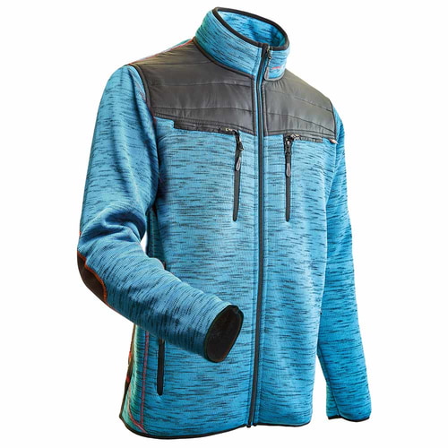 Veste d’hiver inuite bleu clair avec détails noirs et rouges, col montant et fermeture éclair
