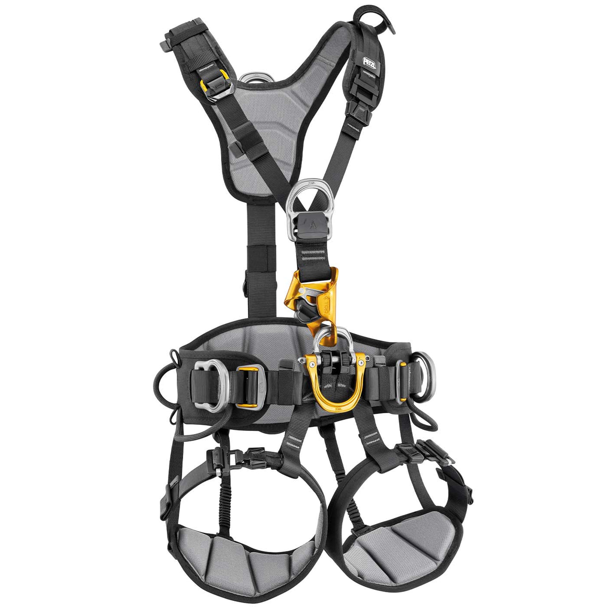 Harnais d’escalade Astro Bod Fast de Petzl en gris et noir avec pièces métalliques jaunes et tours de jambe et de hanche rembourrés