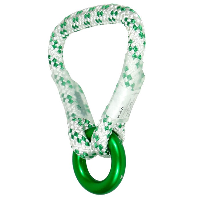 Corde tressée blanc-vert equaLIZA avec anneau en métal vert, nom du fabricant visible sur l’étiquette