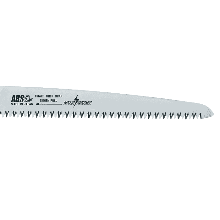 Lame de scie ARS Cam-24 Pro, lame de scie à dents dentelées et inscription « Made in Japan », « Tirare Tirer Tirar Pull Pull » et « Impulse Hardening » sur métal argenté