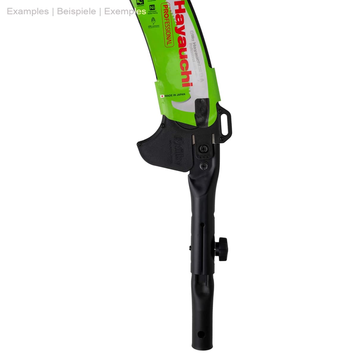 Adaptateur pour perches télescopiques, noir, monté sur appareil vert avec inscription « Hayauchi »