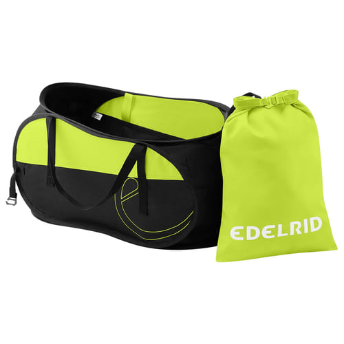 Sac de printemps 30 d’Edelrid en noir et jaune fluo avec deux poignées et un petit sac en jaune fluo avec logo Edelrid blanc