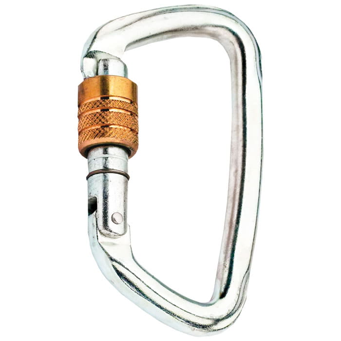 D-steel 50 vis mousqueton en métal avec finition argentée et capuchon à vis doré sur fond blanc