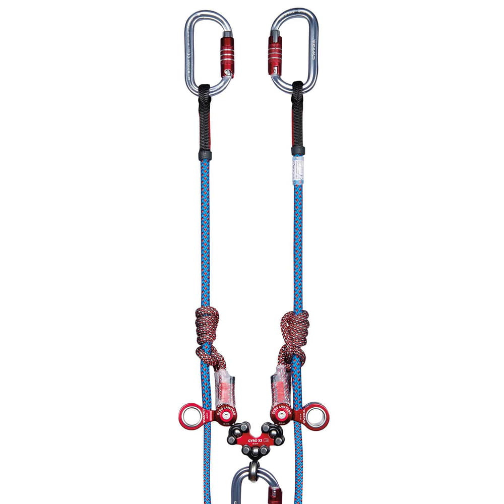 Longe gyroscopique Double, deux cordes d’escalade bleues et rouges avec rouleaux métalliques rouges, housse de protection noire et mousquetons gris avec fermeture rouge