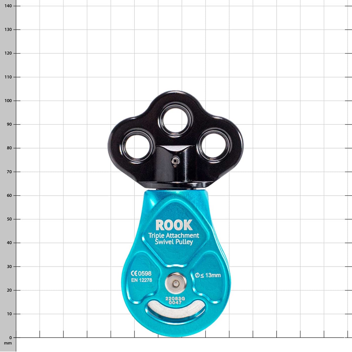 Rook Triple Attachment Poulie pivotante bleue avec partie supérieure noire et trois trous de montage, inscription ROOK et caractéristiques techniques à l’avant