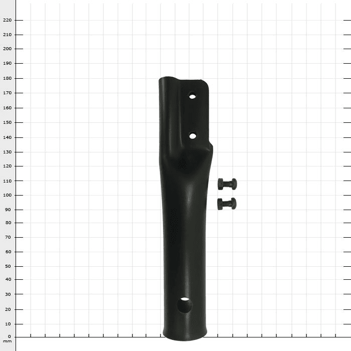 Oeillet ArboRapid, long tube noir avec trois trous et deux petites vis sur fond blanc avec échelle millimétrique
