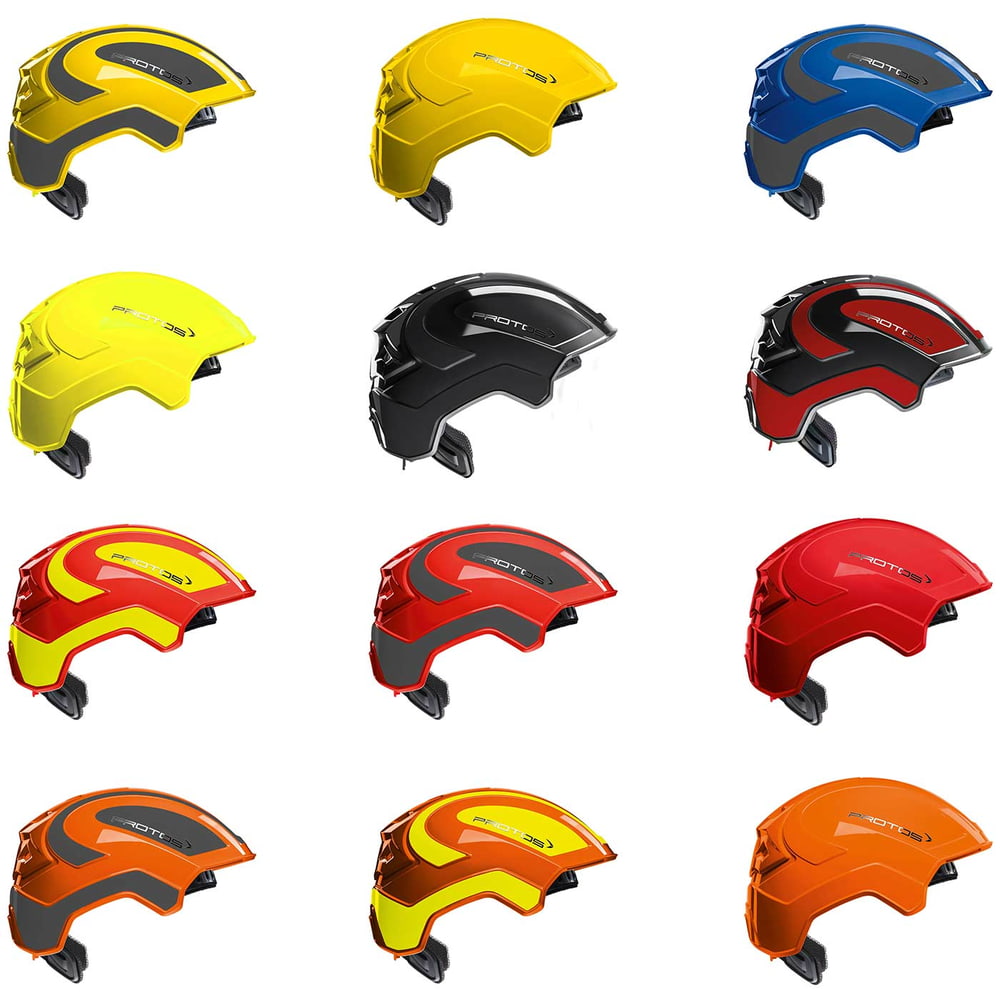 Casques PROTOS® Industry de différentes couleurs et designs, y compris le jaune avec noir, le jaune uni, le bleu avec le noir, le jaune clair uni, le noir avec le gris, le rouge avec le noir, le rouge et le jaune, le rouge avec le gris, le rouge uni, l’or