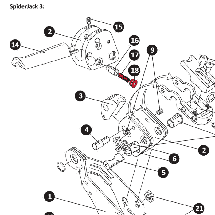 Ressort SpiderJack 3, dessin technique avec éléments numérotés et flèches représentant un assemblage
