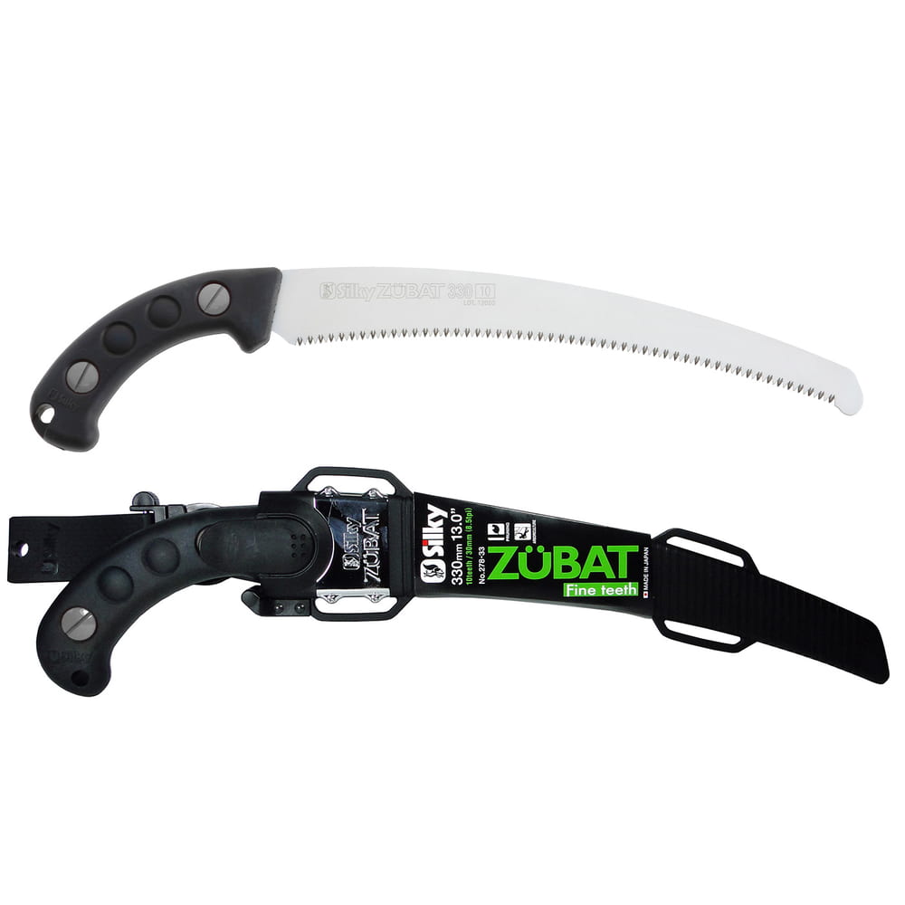 Scie à main Silky Zübat 330-10 avec lame de scie incurvée et poignée noire, y compris couvercle de protection noir avec imprimé vert