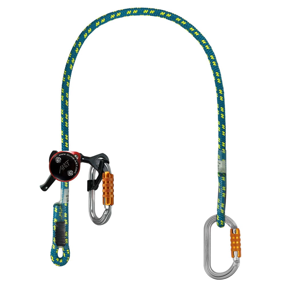 XP-e First Class Set via ferrata avec corde à motifs bleus et jaunes et deux mousquetons, un mousqueton avec fermeture orange et un assureur noir