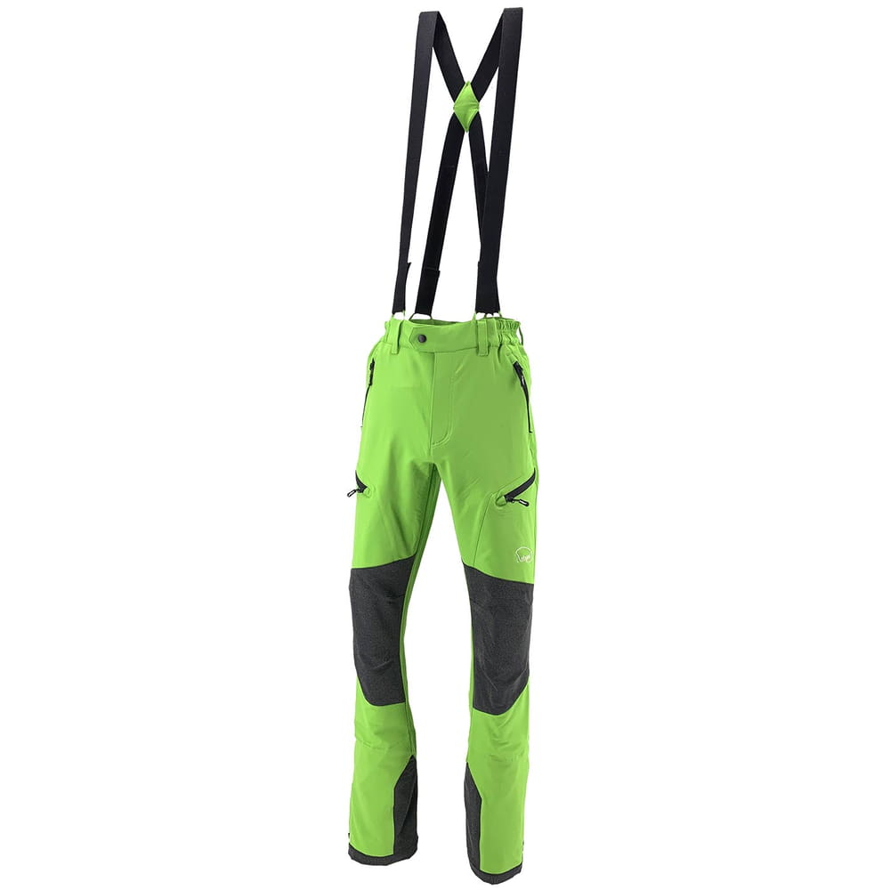 Pantalon Climb Tech Delta d’Arbpro en vert avec renforts gris aux genoux et aux jambes et fermetures éclair noires, y compris des bretelles noires
