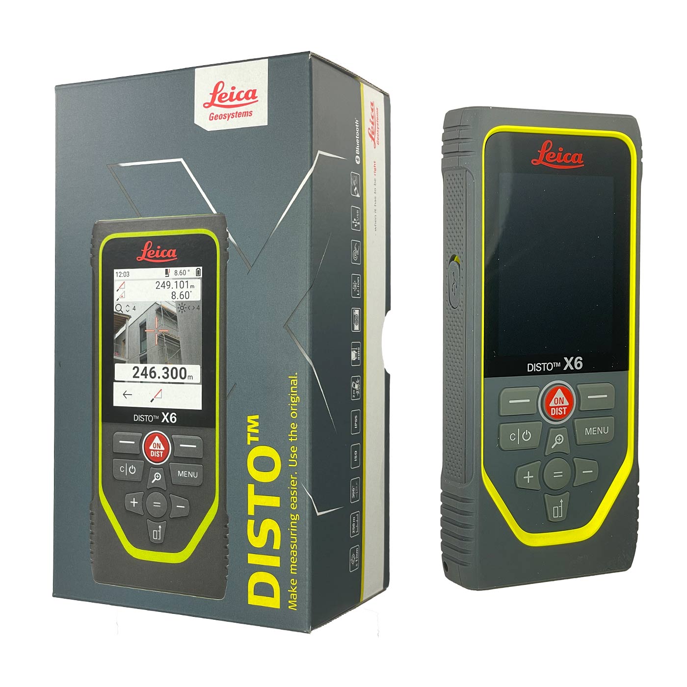 Télémètre laser Leica Disto X6 avec emballage, boîtier gris avec bordure jaune et écran avec affichage de mesure, fabricant Leica Geosystems