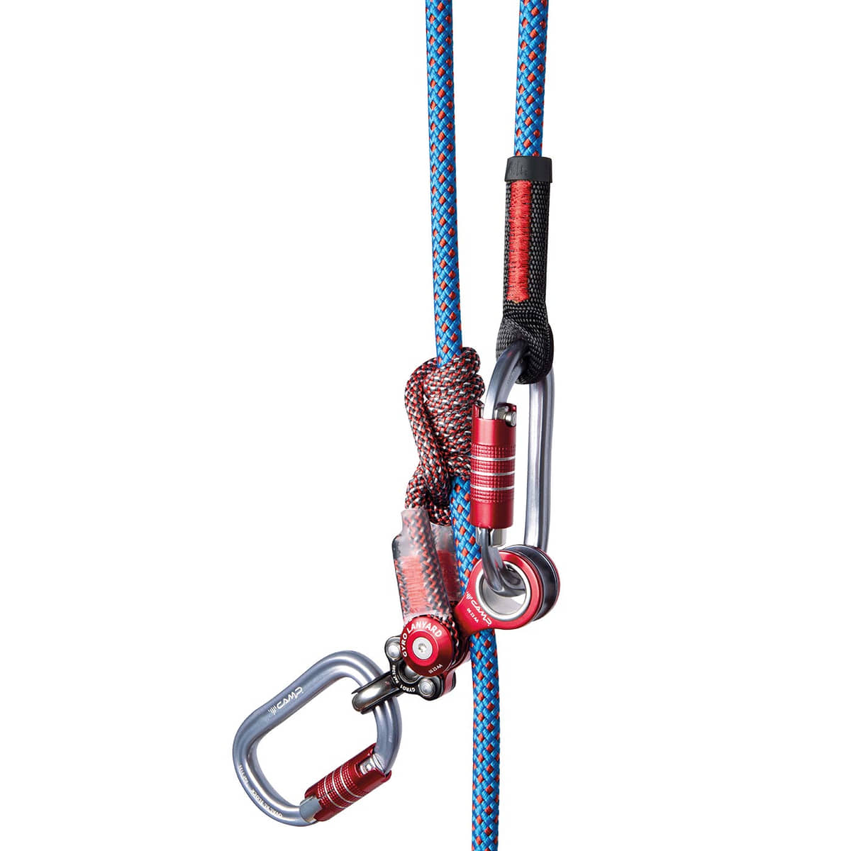 Longe gyroscopique simple, gros plan de pièces métalliques rouges avec mousqueton, corde et nœud bleu-rouge, perspective différente