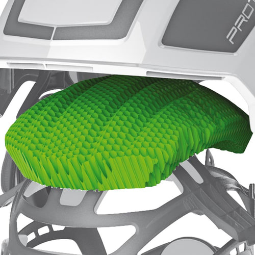 Casque d’escalade PROTOS en blanc avec insert vert en forme de nid d’abeille à l’intérieur
