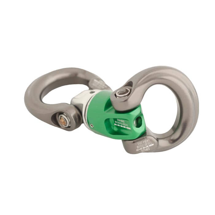Mini-Swivel Nexus 3, pièce en métal vert avec deux grands œillets en métal argenté, nom du produit visible