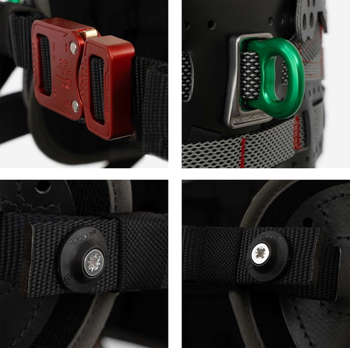 Ceinture de sécurité Kinisi Max Gros plan Boucle rouge, anneau en métal vert et fixation de ceinture noire