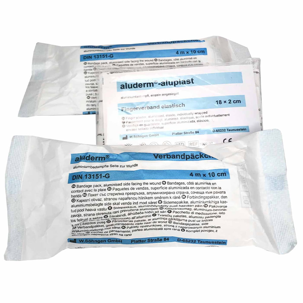 Kit de remplissage First Aid XS avec pack de bandages en aluminium 4 m x 10 cm et élastique pour les doigts en aluderm-aluplast 18 x 2 cm