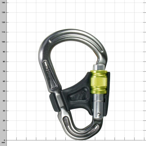Mousqueton Belay Master avec fermoir jaune et partie en plastique noir, vu de l’autre côté