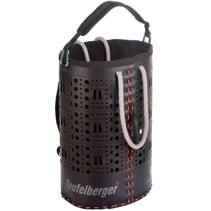 ropeBUCKET 80, récipient cylindrique noir avec de nombreux trous ronds et en forme de larme, boucles de poignée grises, couture rouge et inscription grise « Teufelberger »