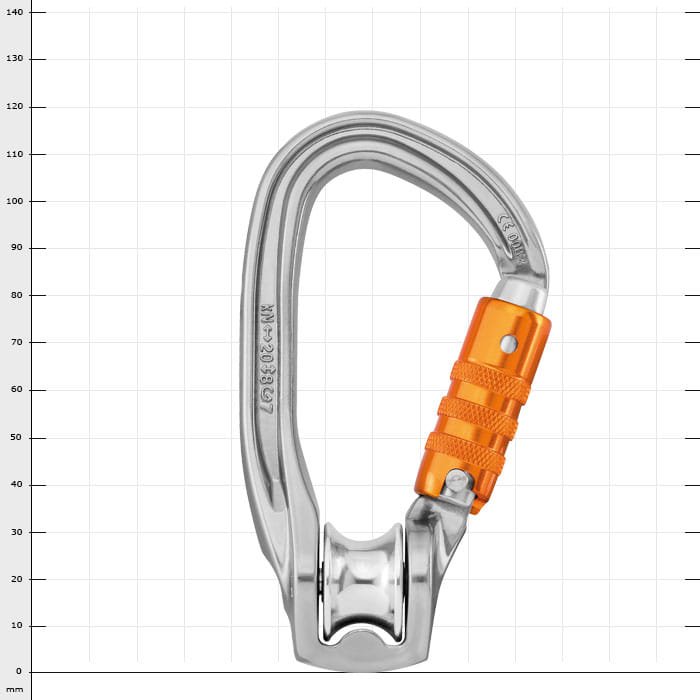 Mousqueton métallique Rollclip Z Triact-Lock avec mécanisme de verrouillage orange et roue à rouleaux intégrée
