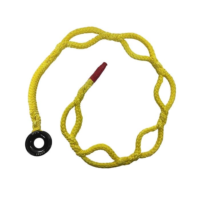 Kokoan Knot Loop 9 boucle jaune avec plusieurs boucles et anneau en plastique noir, photographiée d’en haut