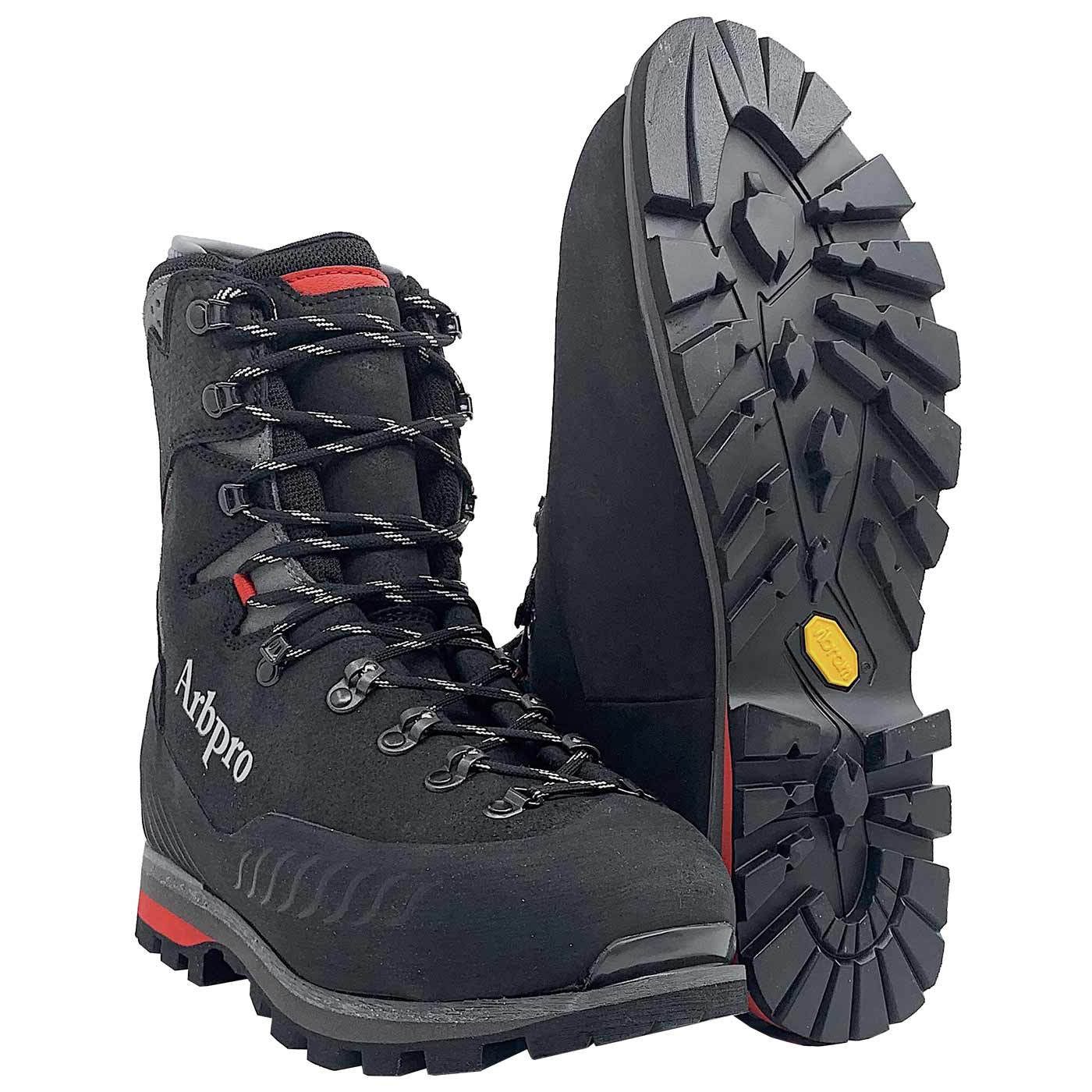 Orion Arbpro chaussure de travail haute noire avec lacets et semelle crantée, vue de face et de côté, perspective différente
