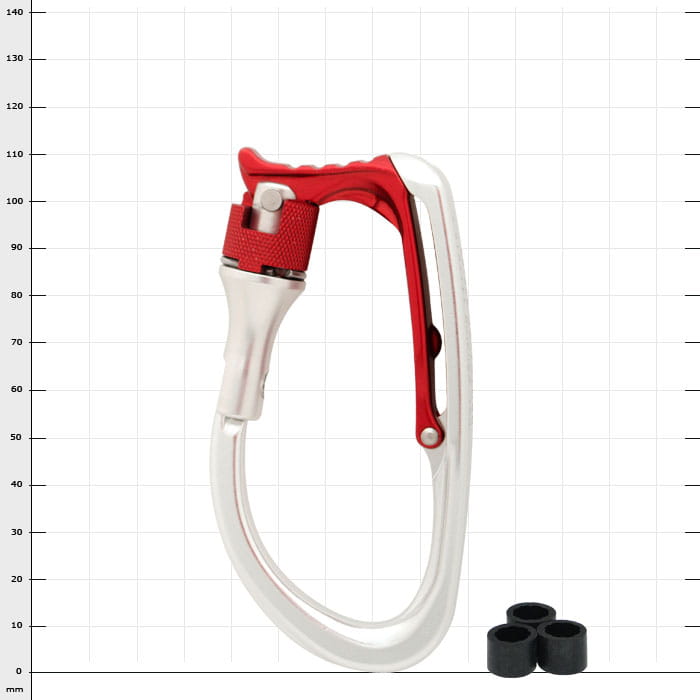 Mousqueton Vault Lock en argent et rouge avec trois petits anneaux en caoutchouc noir