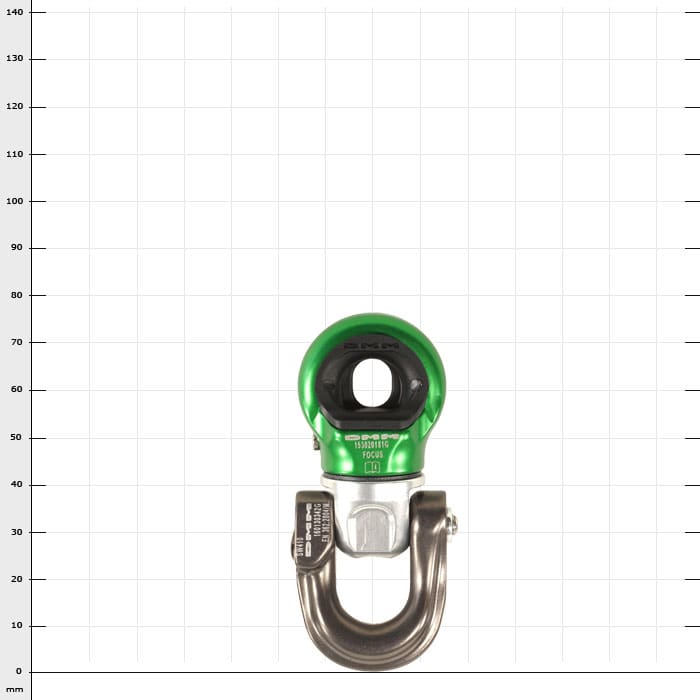 Mini-Swivel Focus S, anneau en métal vert et argenté avec ouverture au milieu, nom du fabricant non visible