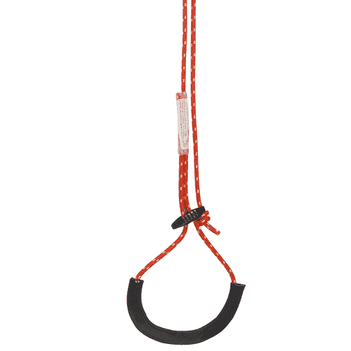 Poignée semi-circulaire noire avec corde rouge et petite étiquette blanche sur la corde, faisant partie du système Turboknee