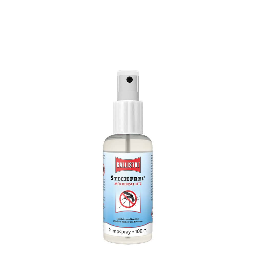 Ballistol Stitch-Free Spray anti-moustiques 100 ml avec tête de pulvérisation blanche et étiquette bleue avec logo Ballistol rouge et image d’un moustique barré