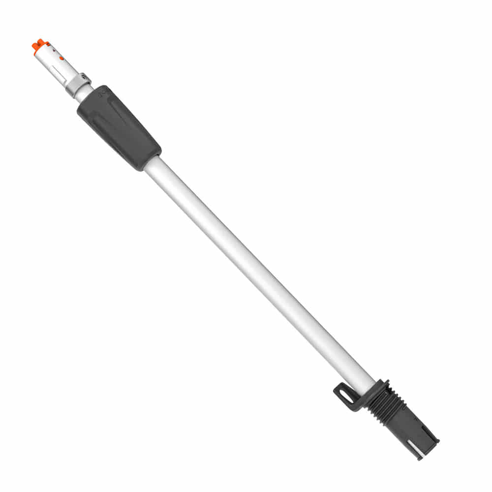 Produit DE110, long tube blanc avec poignée noire et éléments orange à l’extrémité supérieure