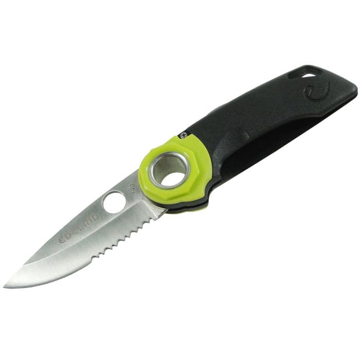 Couteau pliant en denture de corde d’Edelrid avec manche noir, accent vert et lame argentée, ouvert, photographié d’en haut