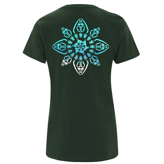 T-shirt Symmetree vert foncé avec un grand motif symétrique bleu dans le dos, autoportant