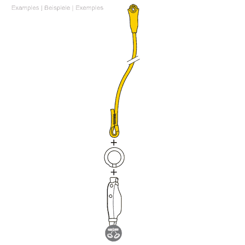 Dessin d’un appareil d’assurage jaune avec une corde, un anneau et une autre partie en dessous, inscription en anglais, allemand et français Jane-I
