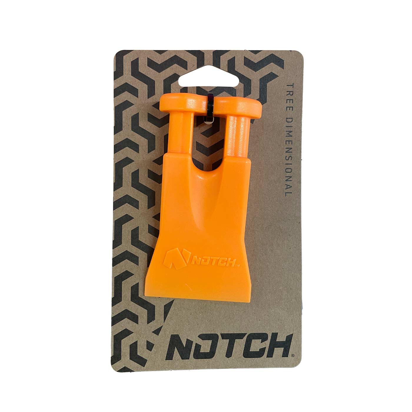 Climbers Best Friend Wedge of Notch, cale en plastique orange attachée à du carton marron avec logo à encoche noire et motif géométrique