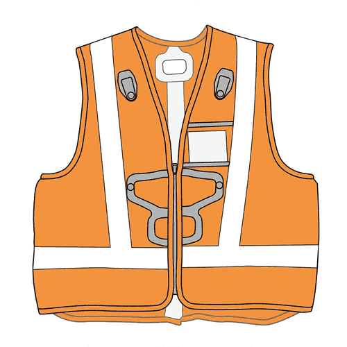 Illustration Newton Vest HI-VIZ d’un gilet de sécurité orange avec des bandes réfléchissantes grises, des supports et des poches noirs