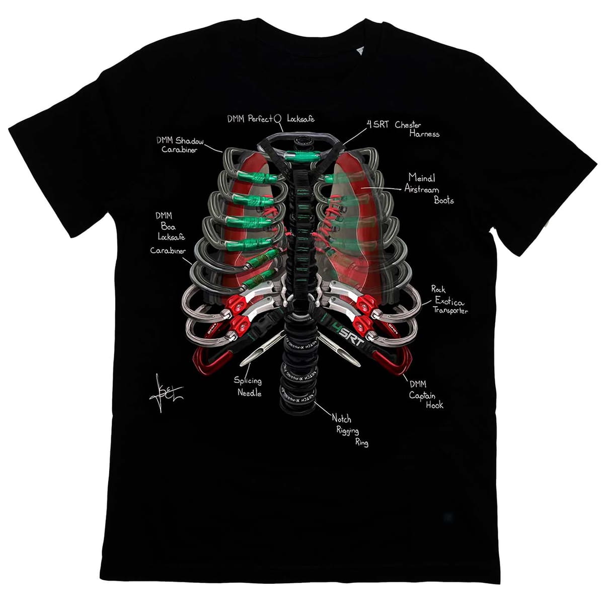 T-shirt noir avec un motif imprimé montrant un motif de cage thoracique provenant d’un équipement d’escalade, nom du produit Arb Ribs