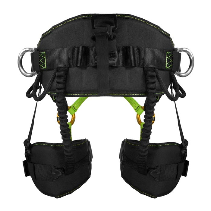 Treewor C Vue arrière du harnais d’escalade noir et vert avec anneaux métalliques et élastiques