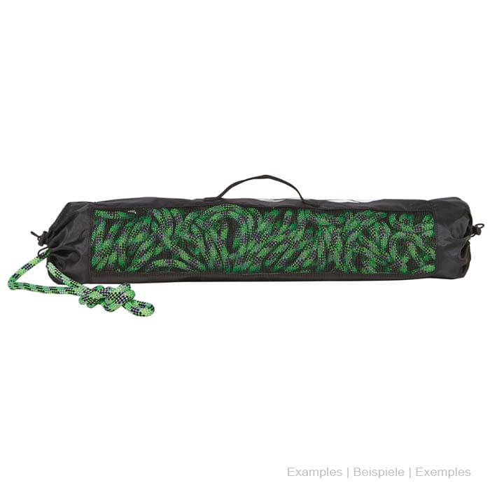 Cross Rope Light dans un sac fourre-tout noir avec une fenêtre en maille à travers laquelle une corde verte est visible.