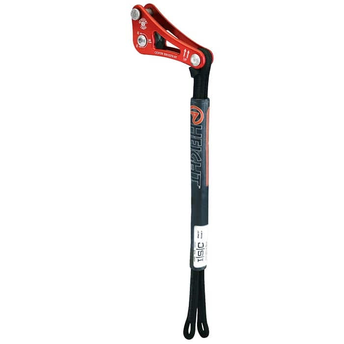 Clé à corde Double réglementation EPI Système Levier en métal rouge avec poignée noire et inscription « Height » sur la veste de protection noire