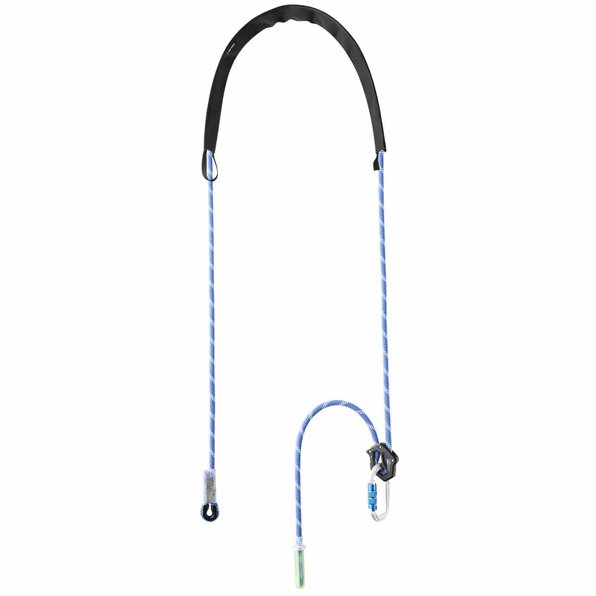 Switch Pro Adjust, corde bleue et blanche avec rembourrage noir en haut, mousqueton et protection verte en bas