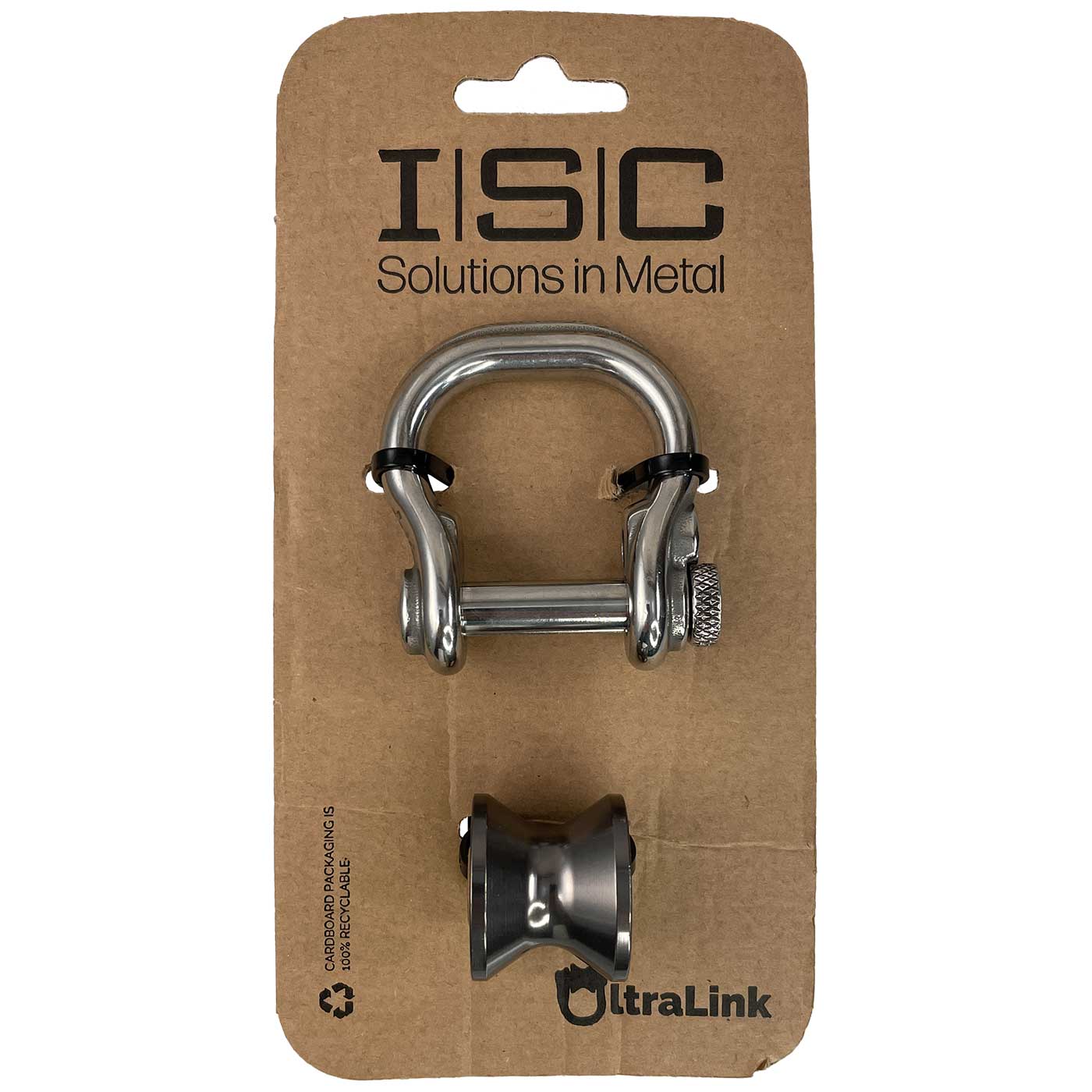 Ultra Link Large d’ISC, emballé sur du carton brun avec logo ISC noir et logo UltraLink, manille argentée et fixation à double poulie grise