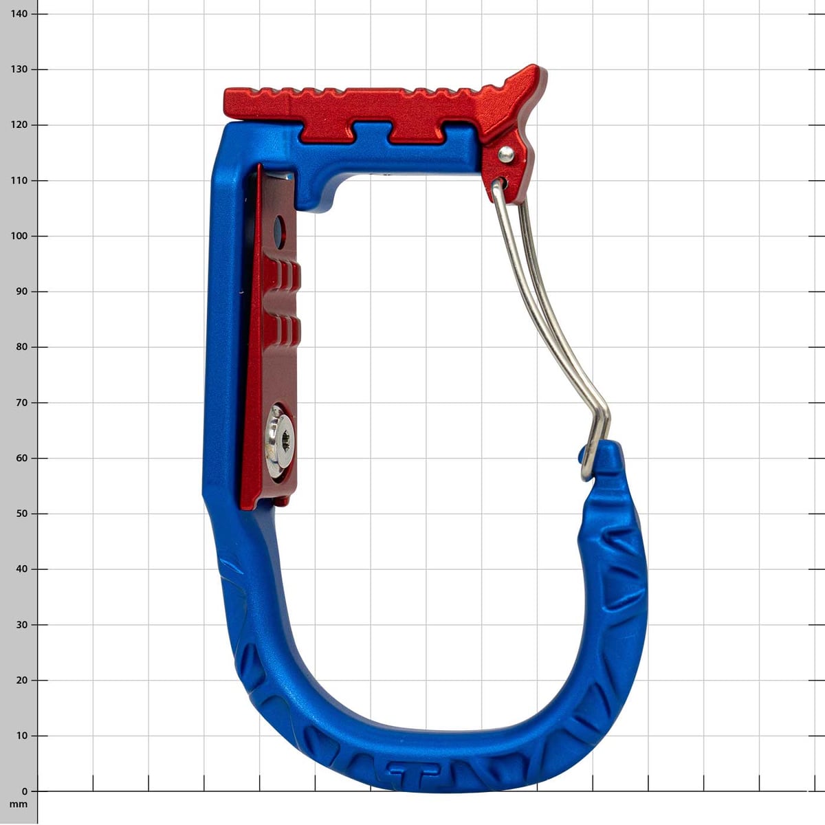 Portail en fil métallique skyHOOK bleu et rouge avec support métallique sur fond blanc et lignes de grille, perspective légèrement différente