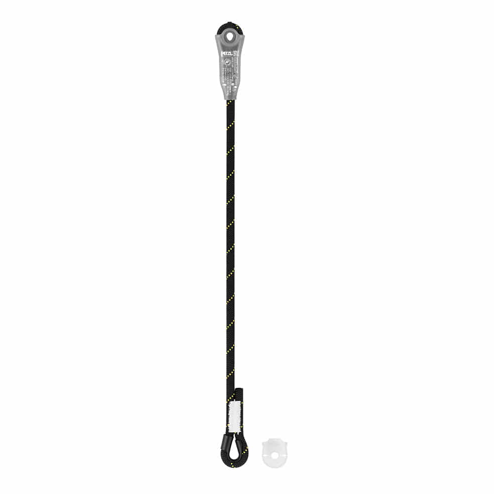Petzl Jane-I, appareil d’assurage gris avec corde noire à pois jaunes et coutures blanches, plus un petit anneau en plastique transparent
