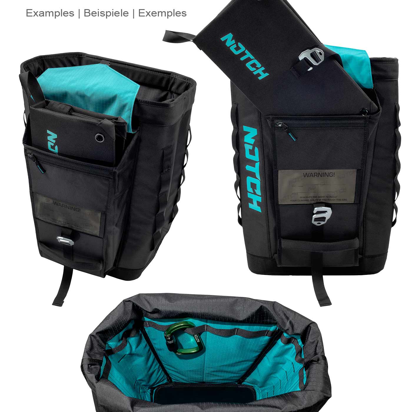 Trois vues du sac d’approche noir avec doublure turquoise, poches intérieures amovibles, compartiment zippé et mousqueton, le tout avec le logo NOTCH visible