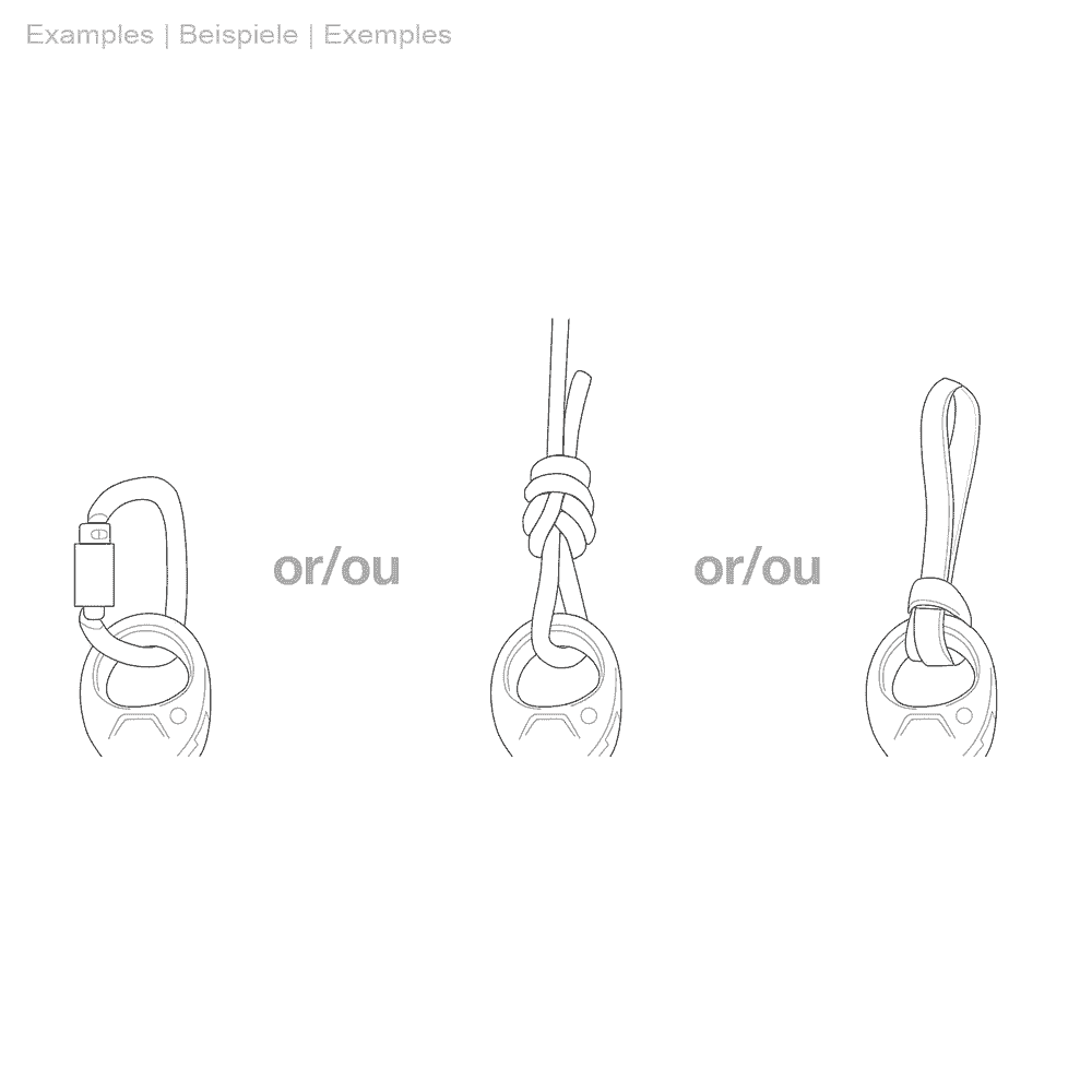 Dessin technique en noir et blanc avec trois variantes pour la fixation de la poulie Petzl Pro Traxion à un mousqueton ou à une extrémité de corde